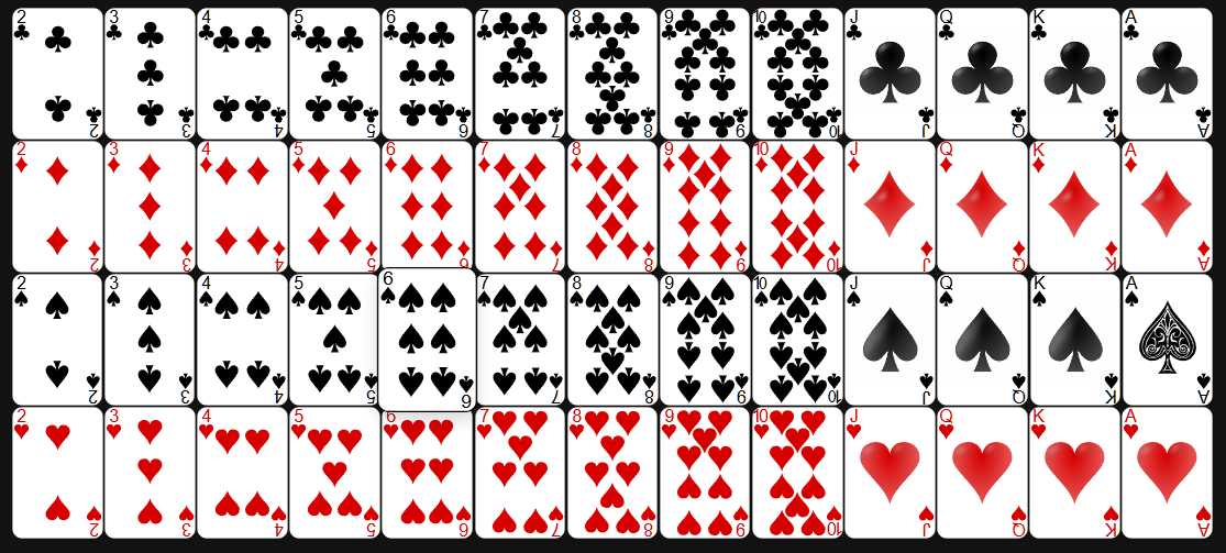 Card selection grid showing all cards organized by suit